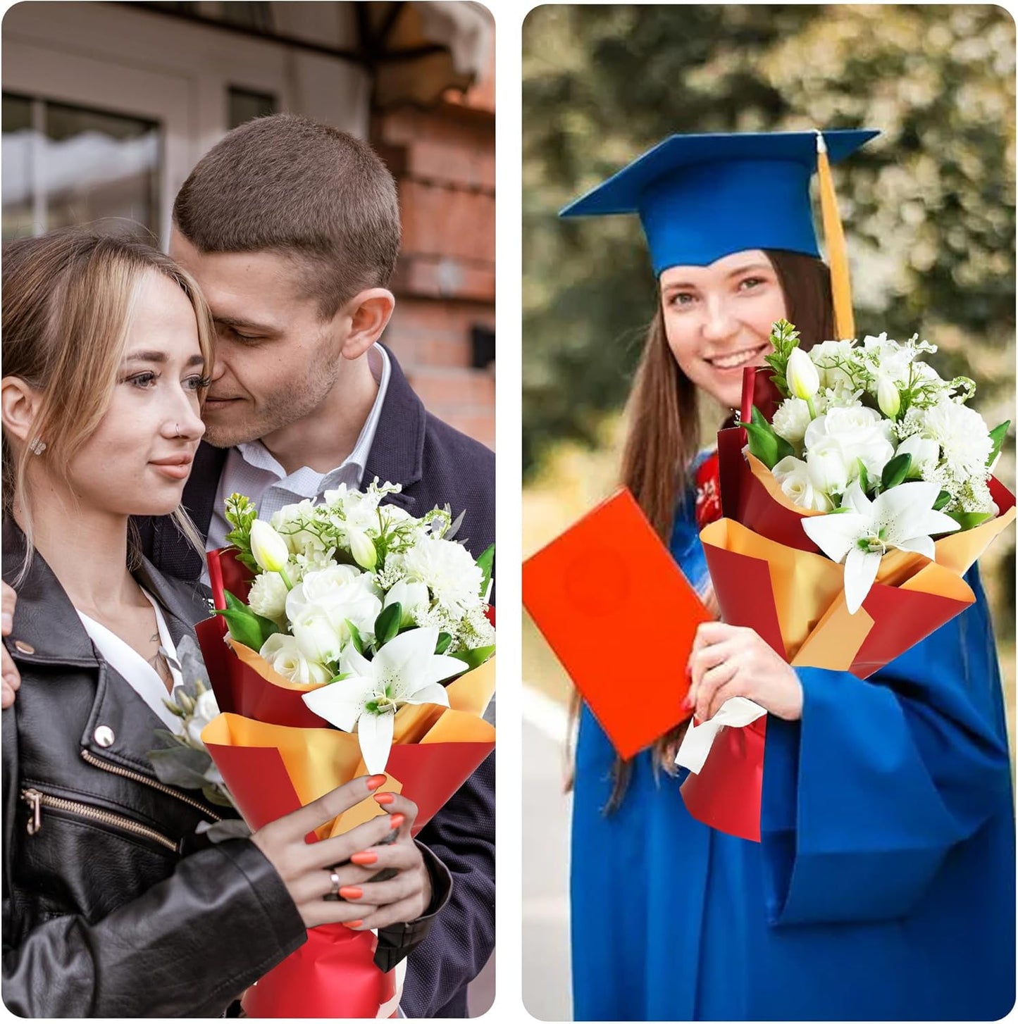 BEISHIDA 20 Sheets Red+Gold Double Sided Floral Wrapping Paper, 58 * 58 cm / 22.8 * 22.8 Inch, Perfect for Gift Wrapping, Floral Arrangement, Occasions: Valentine's Day, Wedding, Birthday, Christmas