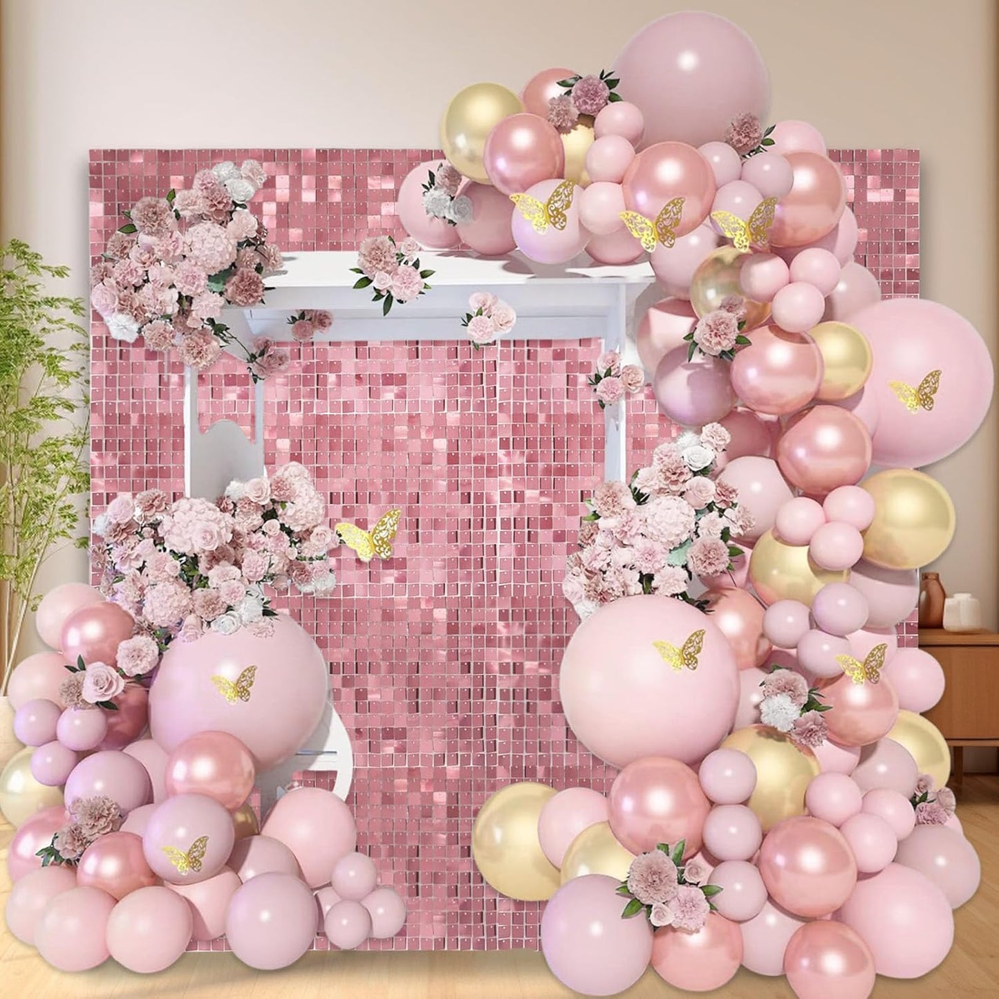 24PCS Pink Shimmer Wall Backdrop, Square Sequin Photo Backdrops Panel, Glitter Wall Background for Birthdays, Weddings, Graduation, Engagements, Disco Bachelorette Party Decoration (4FTx6FT)