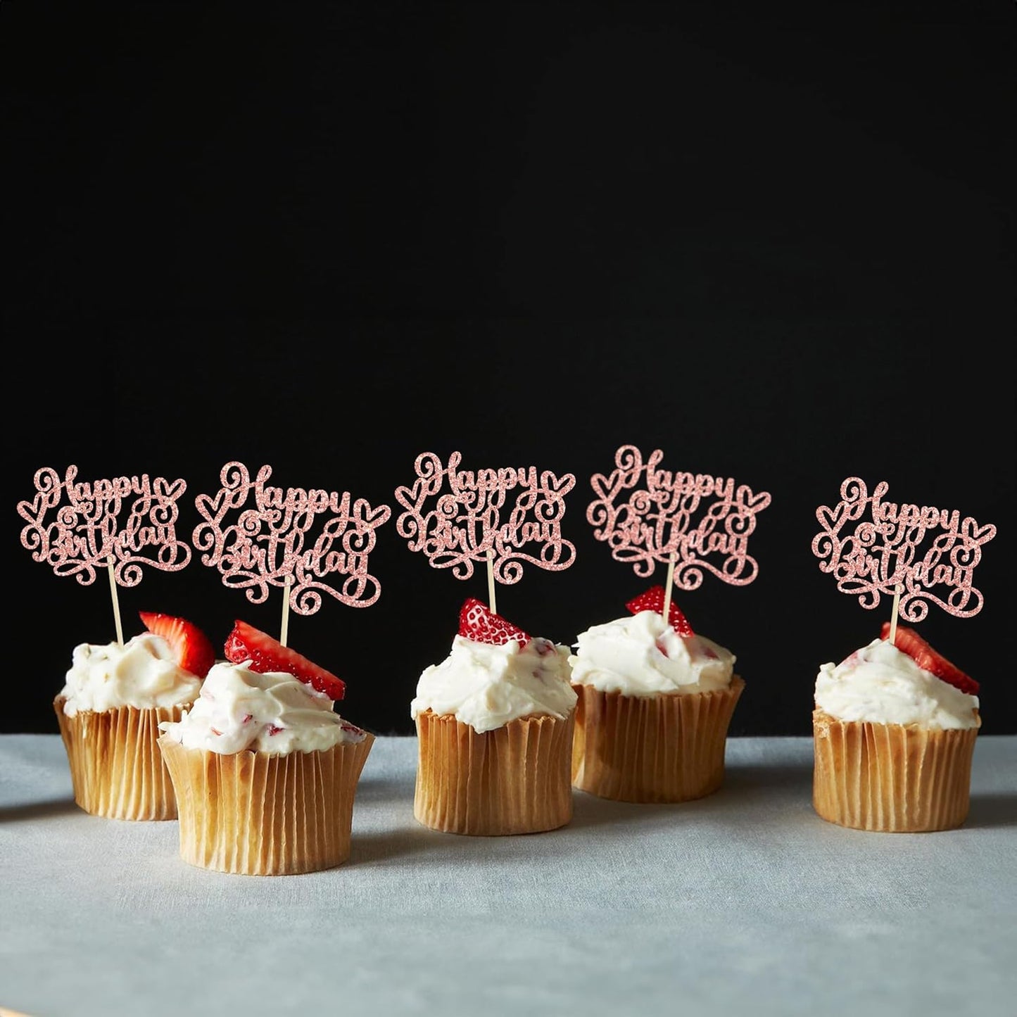 Gyufise 24Pcs Happy Birthday Cupcake Toppers Glitter Happy Birthday Cupcake Picks for Celebrating Happy Birthday Anniversary Theme Party Cake Decorations Supplies Rose Gold
