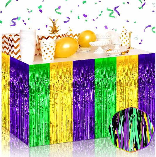 3 Pack 29 x108 Inch Gold Green Purple Foil Fringe Table Skirts Metallic Banner for Tinsel Streamer Garland Backdrop for Parade Floats Wedding Thanksgiving Birthday Christmas New Year Party Decoration