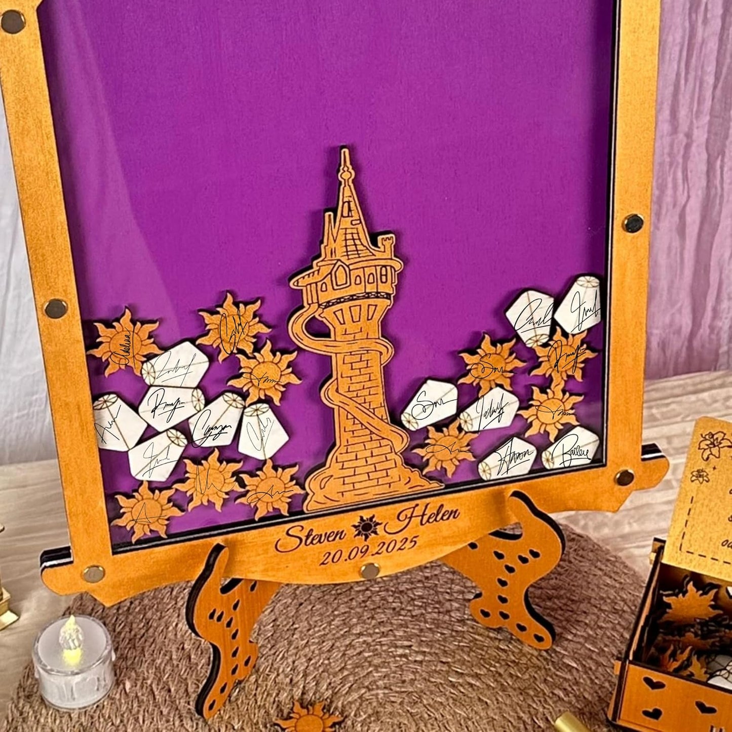 Tangled Guest Book Wedding Alternative | Gold Princess Tower Guestbook | Personalized Wooden Drop Box Keepsake for Fairytale Weddings