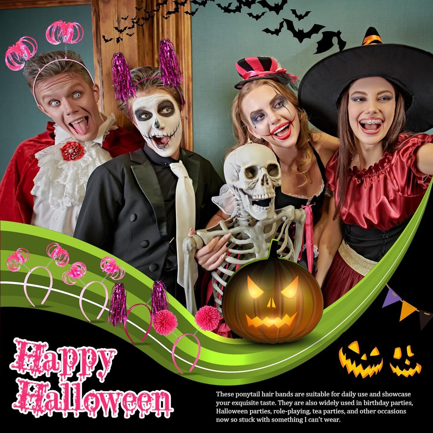 Censen 12 Pcs Halloween Pom Pom Party Headbands Tinsel Ponytails Spirit Head Bopper Headwear for Christmas Birthday Holiday