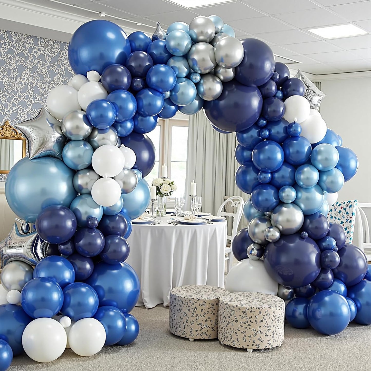 412Pcs Blue Balloon Arch Kit,5 10 12 18 inch Blue Balloon Garland with Metallic Dark Blue Silver Balloons for Baby Shower Graduation Birthday Wedding Party Decorations