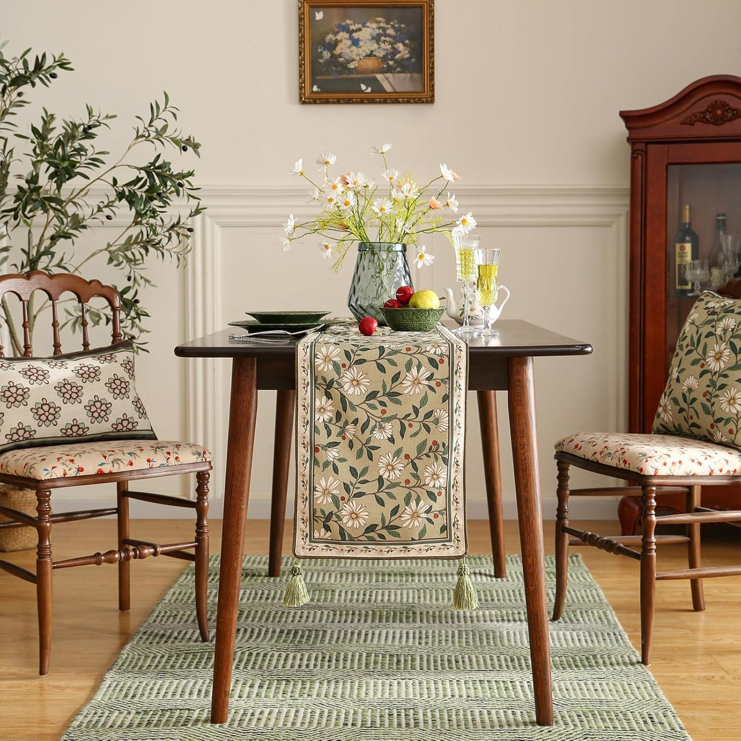 ISAENNE Designer Green Elegant Linen Extra Long Table Runner 118 Inches,Flower and Leaves Pattern Wrinkle Resistant Table Runners for Dining Tables,Thanksgiving,Kitchen Tables,Christmas,12"*118"-Brune