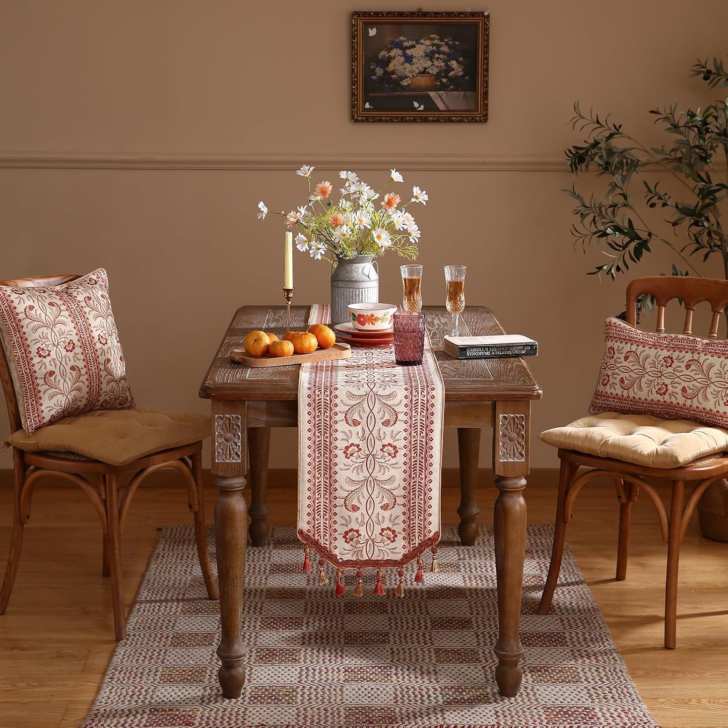 ISAENNE Designer Vintage Linen Table Runner 87 Inches Long,Red Floral Pattern Modern Decor Table Runners for Dining Tables,Thanksgiving,Kitchen Tables,Christmas,Banquet,12"*87"-Chamonix A