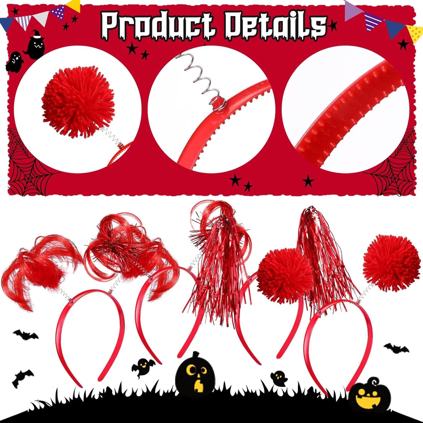 Censen 12 Pcs Halloween Pom Pom Party Headbands Tinsel Ponytails Spirit Head Bopper Headwear for Christmas Birthday Holiday