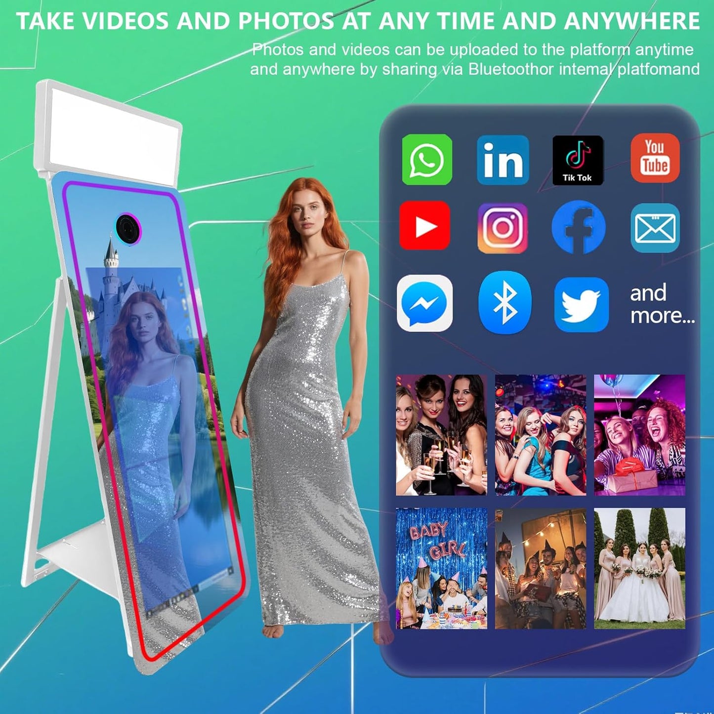 65''Magic Mirror Photo Booth Machine,Mirror Photo Booth 43''Touch Screen,Photo Booth with Flight Case,App Control,RGB Light for Wedding Party Events (White, Machine+Camera+Mini Printer)