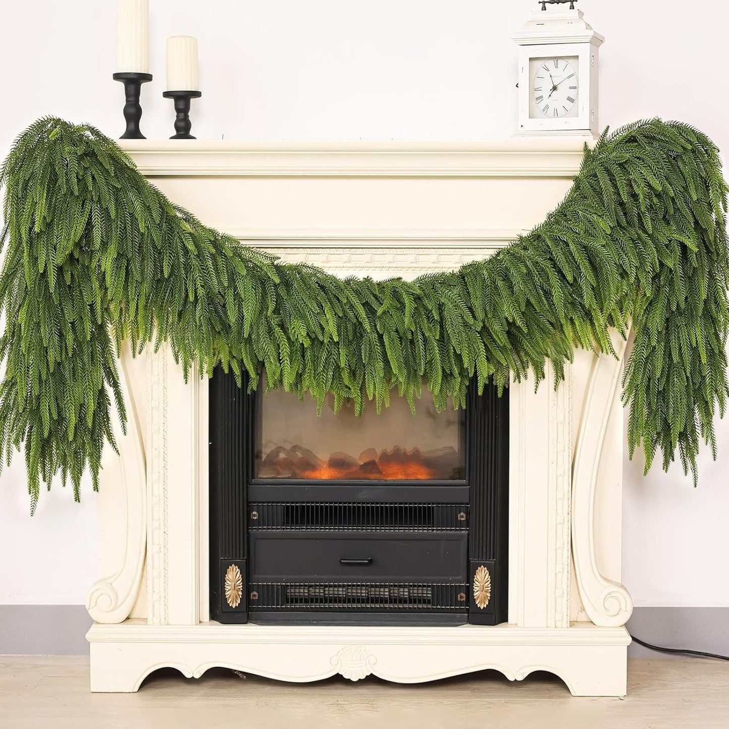 9FT Christmas Norfolk Pine Garland -2PCS, Artificial Pine Needles Garlands Faux Greenery Fake Garland for Holiday Fireplace,Table,Window,Stairs,Mante,Indoor Outdoor Decor