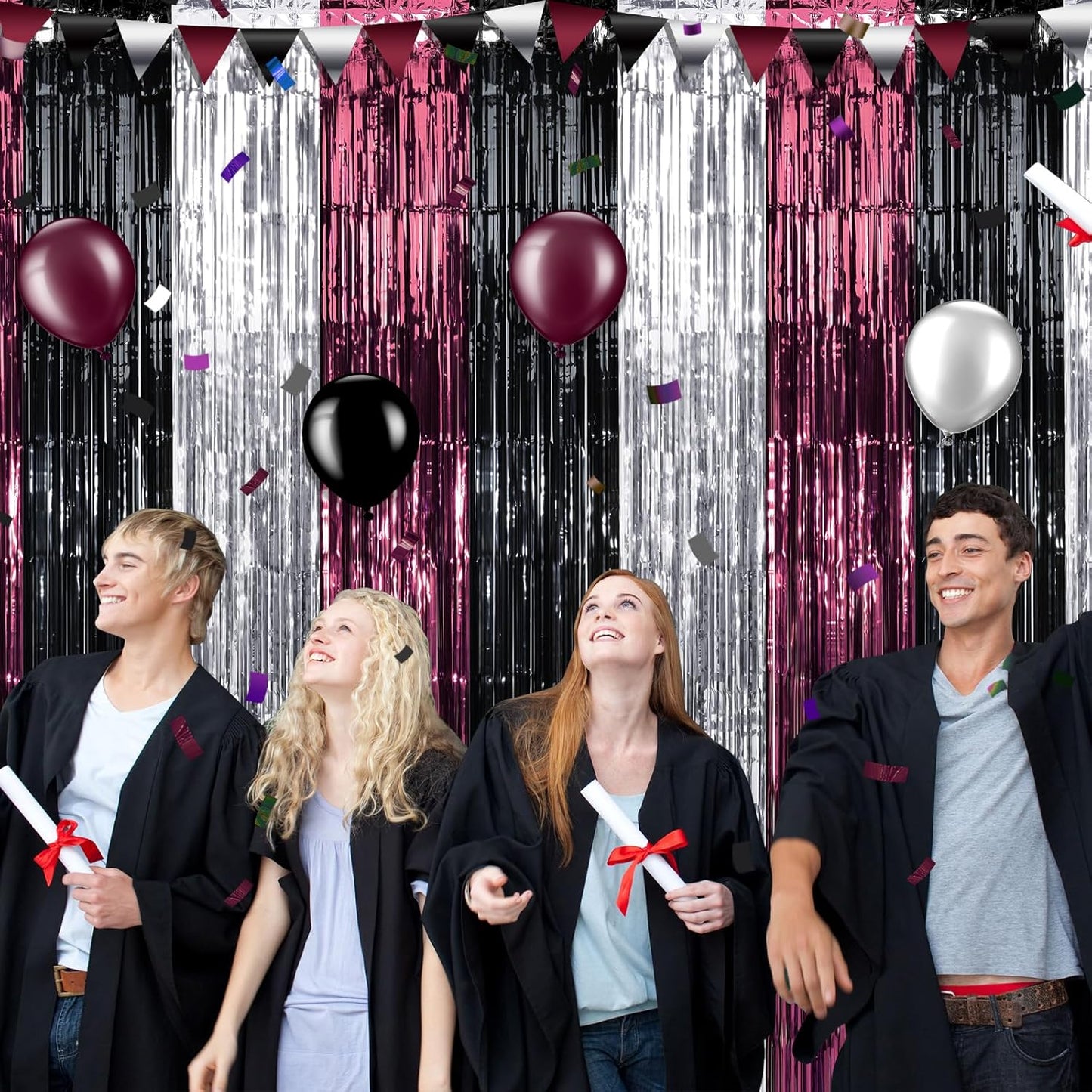 3 Pack 3.3Ft x 6.6Ft Graduation Foil Fringe Curtain Backdrop Decorations, Maroon Black Silver Metallic Tinsel Foil Streamers Curtain Photo Booth Background for Graduation Prom Wedding Birthday Party