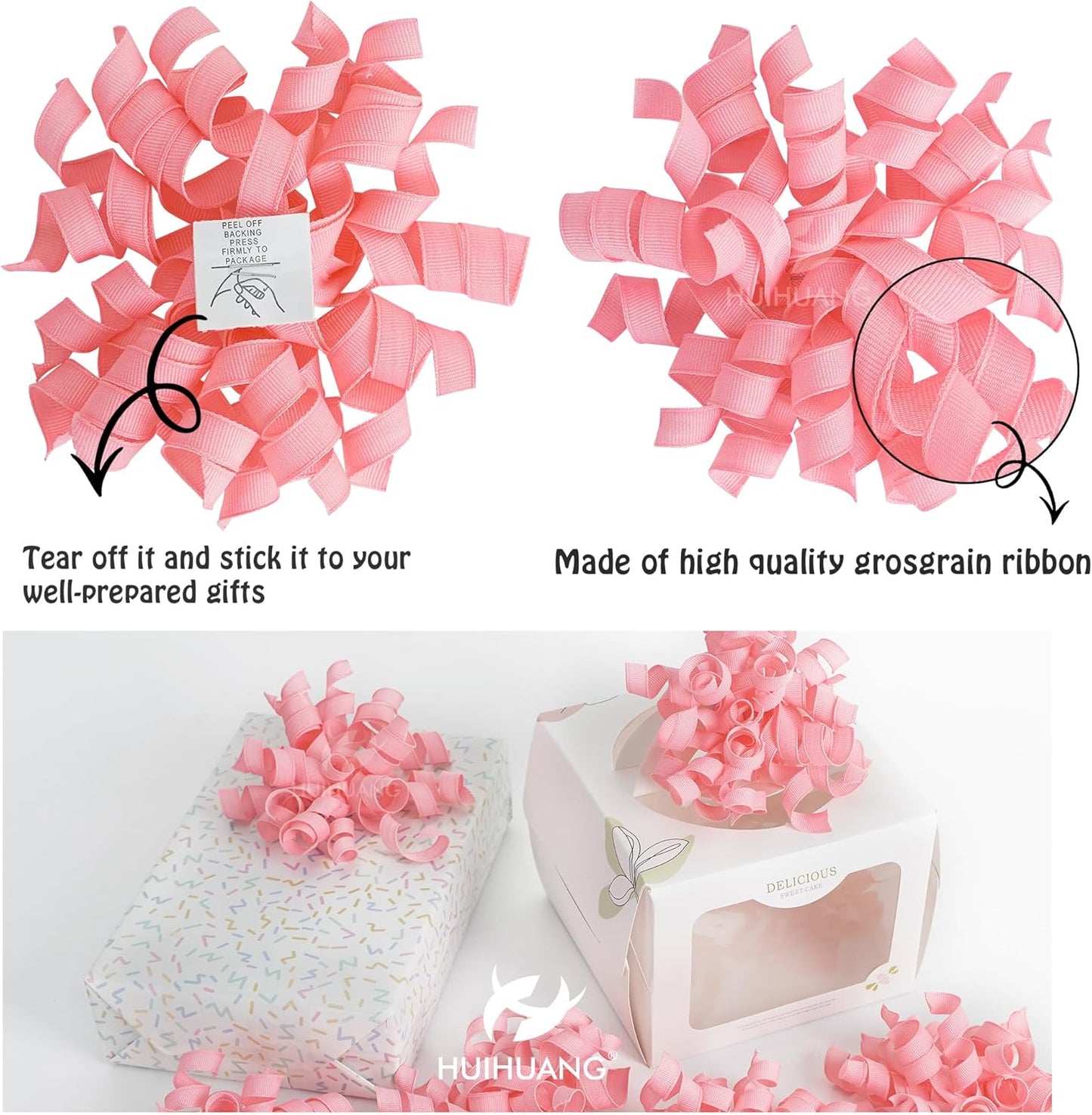 HUIHUANG Pink Bows for Gift Wrapping, Pink Curly Ribbon Bows Self Adhesive Burst Gift Bow for Presents, Wine Bottle, Treat Bags, Wrap Accessories, Bridal Shower Wedding Party Favor - 6 Counts