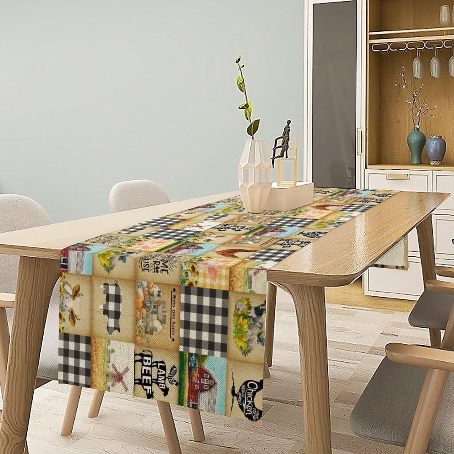 Farmhouse Animals Table Runner,Rustic Cabin Pig Chicken Cow Sunflowers Geometric Grids Burlap for Hotel Indoors Outdoor Dining Room Kitchen Holiday Party, 13x108in