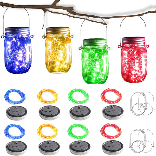 Solar Mason Jar Lights [Updated], 8 Pack 20 LED Waterproof Fairy Firefly Jar Lids String Lights with Hangers(NO Jars), Patio Yard Garden Wedding Decoration - Multi-Colored