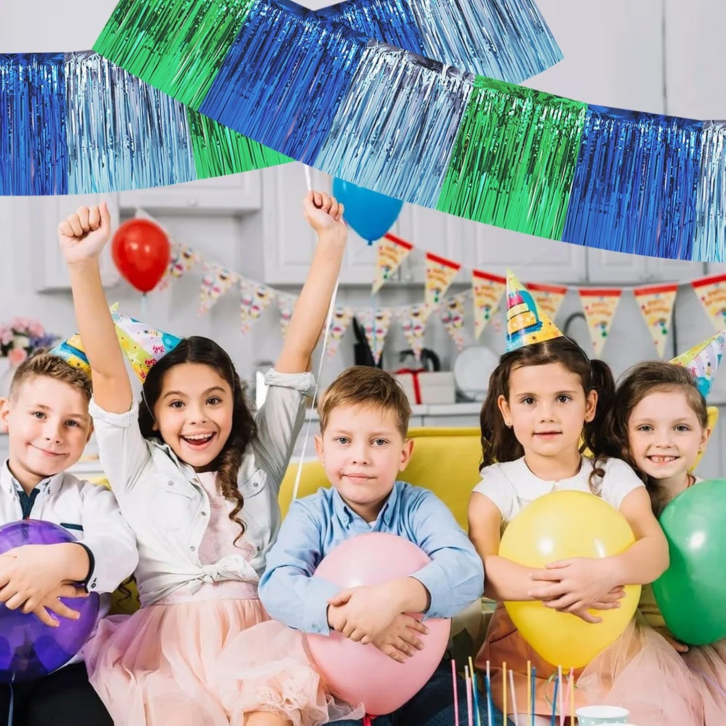 BEISHIDA 3 Packs Metallic Foil Fringe Garland Blue Green Wall Hanging Tinsel Fringe Banners for Car Floats Bridal Shower Wedding Birthday Easter Graduation Holiday Party Decoration(30 Feet)