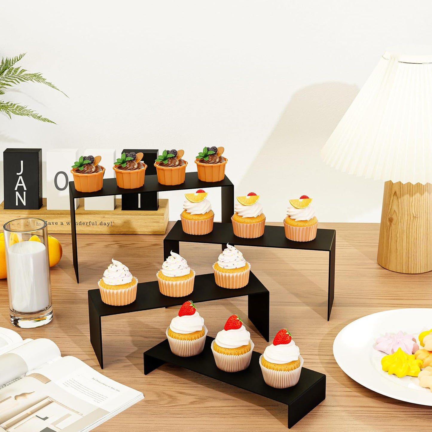 Black Matte Metal Display Stand,8 Pcs 2 Set Display Risers, Metal Rectangular Display Shelf for Showcase, Dessert, Toys, Perfume (8Pcs-Black, L7“x8”x9)