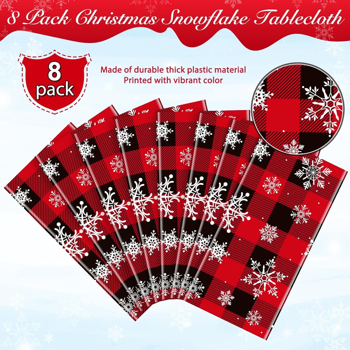 8 Pieces Red and Black Buffalo Plaid Merry Christmas Party Tablecloth Decorations,Plastic White Snowflake Buffalo Plaid Sign Table Cover for Winter Christmas Holiday Party Supplies,54x108 inch