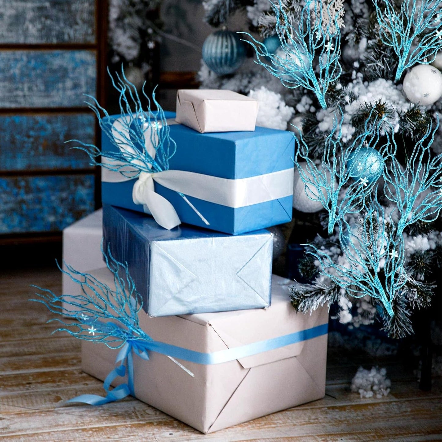 8 Pcs Blue Coastal Ornaments for Christmas Tree Artificial 15.7inch Glitter Coastal Ocean Branch Artificial Flowers Christmas Tree Filler Twigs Plants Xmas Ornaments for Vase Gift Wreath