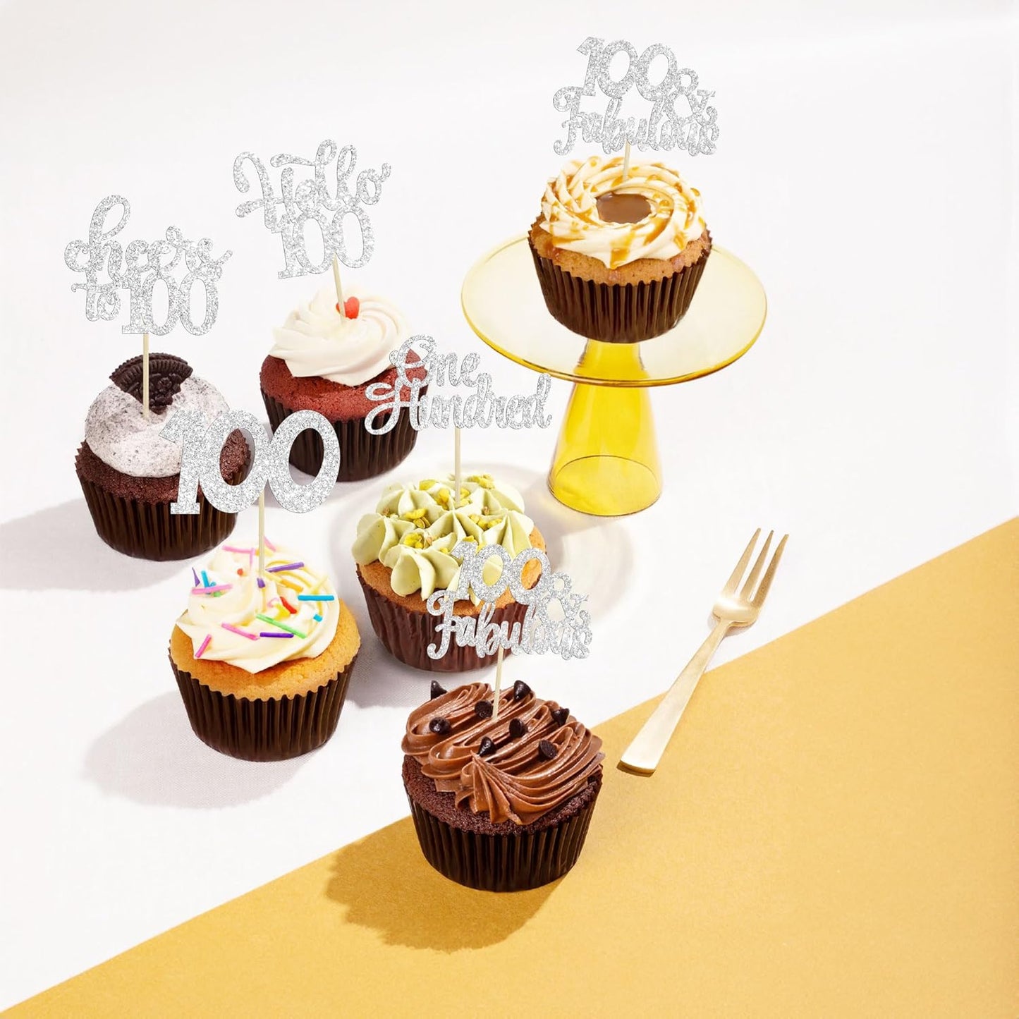 30pcs Happy 100th Birthday Cupcake Toppers - Silver Glitter One Hundred Cheers to 100 Years Old Cupcake Picks for Anniversary Party Cake Decorations
