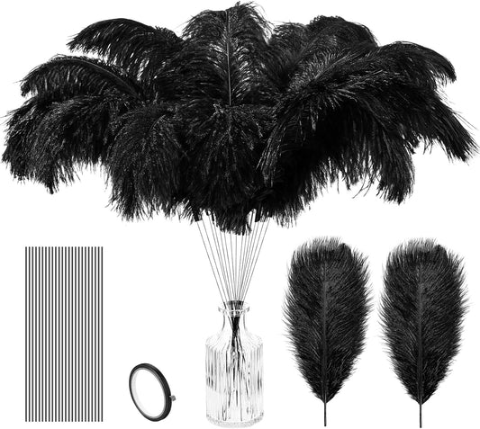 Hanaive 150 Pcs Ostrich Feathers Set Bulk Plumes 12-14 Inch (30-35cm) 70 Pcs Large Ostrich Feathers with 80 Sticks and Tape for DIY Crafts Wedding Home Party Centerpiece Decorations(Black)