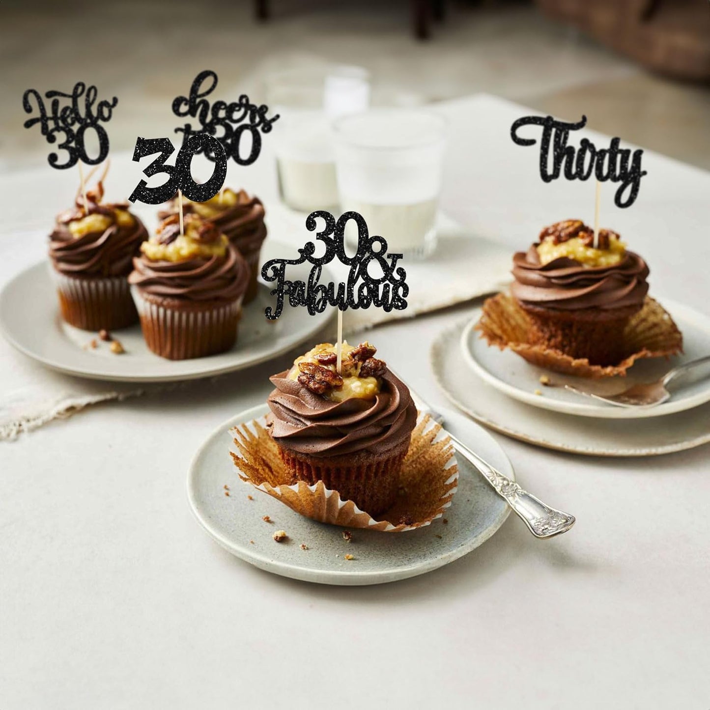 30Pcs Happy 30th Birthday Cupcake Toppers Black Glitter Thirty Cheers to 30 Birthday Cupcake Picks for Happy 30th Birthday Anniversary Party Cake Decorations Supplies