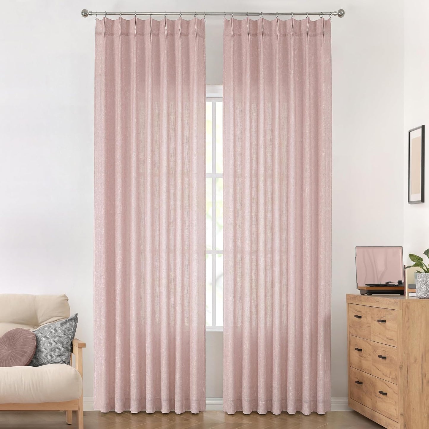 Vision Home Pink Pinch Pleated Semi Sheer Curtains for Girls Bedroom Living Room Textured Light Filtering Window Curtains 112 inch Rayon Blended Pinch Pleat Pink Drapes with Hooks 2 Panels 40"Wx112"L