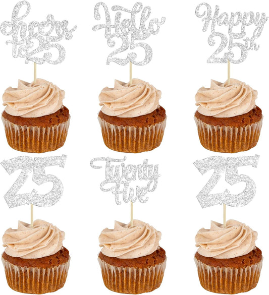 30pcs 25th Birthday Cupcake Toppers - Silver Glitter Cheers to 25 Years Old Cake Decorations for 25th Birthday Anniversary Party Supplies
