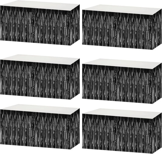 6 Pack 29x108 Inch Metallic Foil Fringe Tinsel Table Skirts Banner for Rectangle Tables Streamer Garland Curtains Backdrop for Wedding, Birthday, Parade Floats, Christmas Party Decoration(Black)