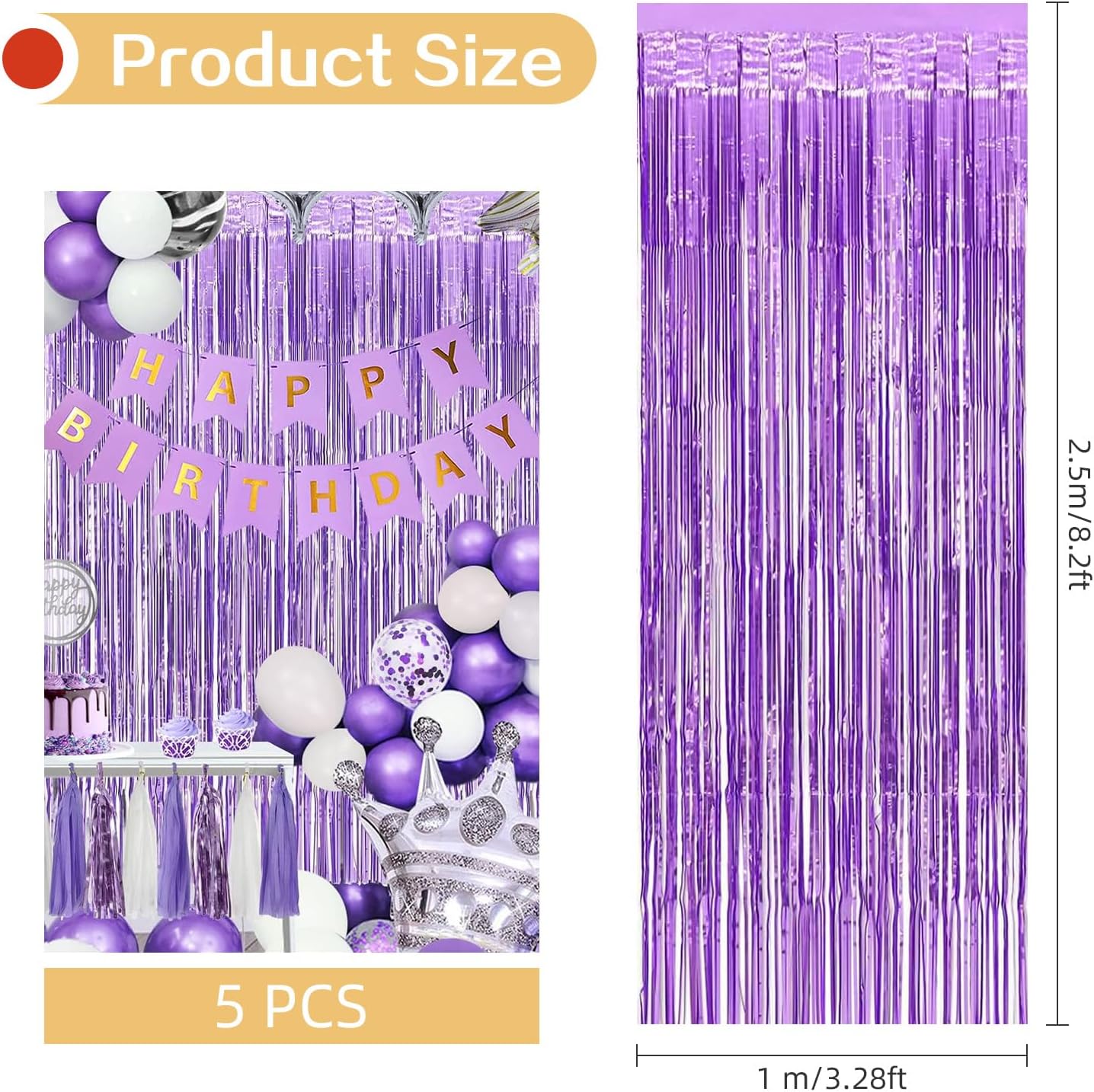 5 Pack Purple Foil Curtain Backdrop 3.2ft x 8.2ft Tinsel Foil Fringe Curtains Macaron Photo Booth Streamer Backdrop for Party Decorations Birthday Baby Shower Bachelorette Holiday (Light Purple)