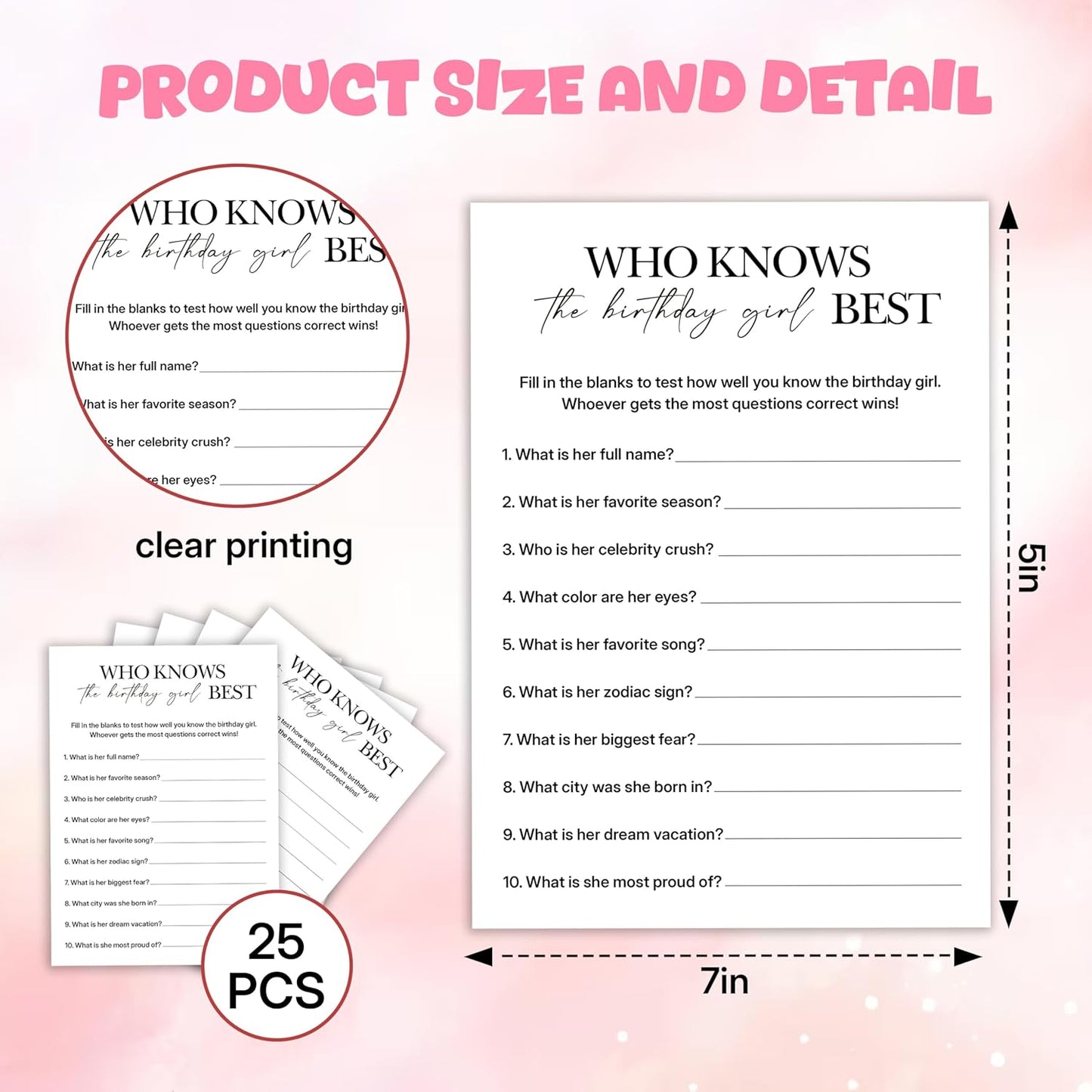 Birthday Party Games, Who Knows Her Best, 25 Pcs Card Set for Guests, Fun Birthday Game for Teen Adults – A05