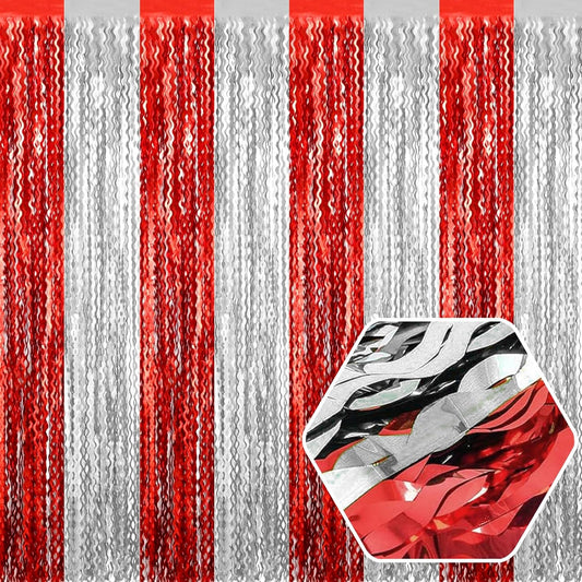 4 Pack Red Silver Wave Foil Fringe Curtain Backdrop, 3.28Ft x 8.2Ft Metallic Tinsel Foil Fringe Streamer Curtains for Photo Booth, Mother's Day, Easter, Birthday, Wedding Party Decoration