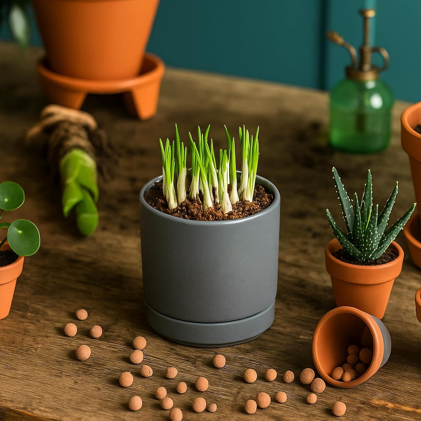 D'vine Dev Set of 4 Small Ceramic Plant Pots, 3.5 Inch Succulent Planter Pot for Plants with Drainage Hole and Saucer, Grey, 94-X-A-3