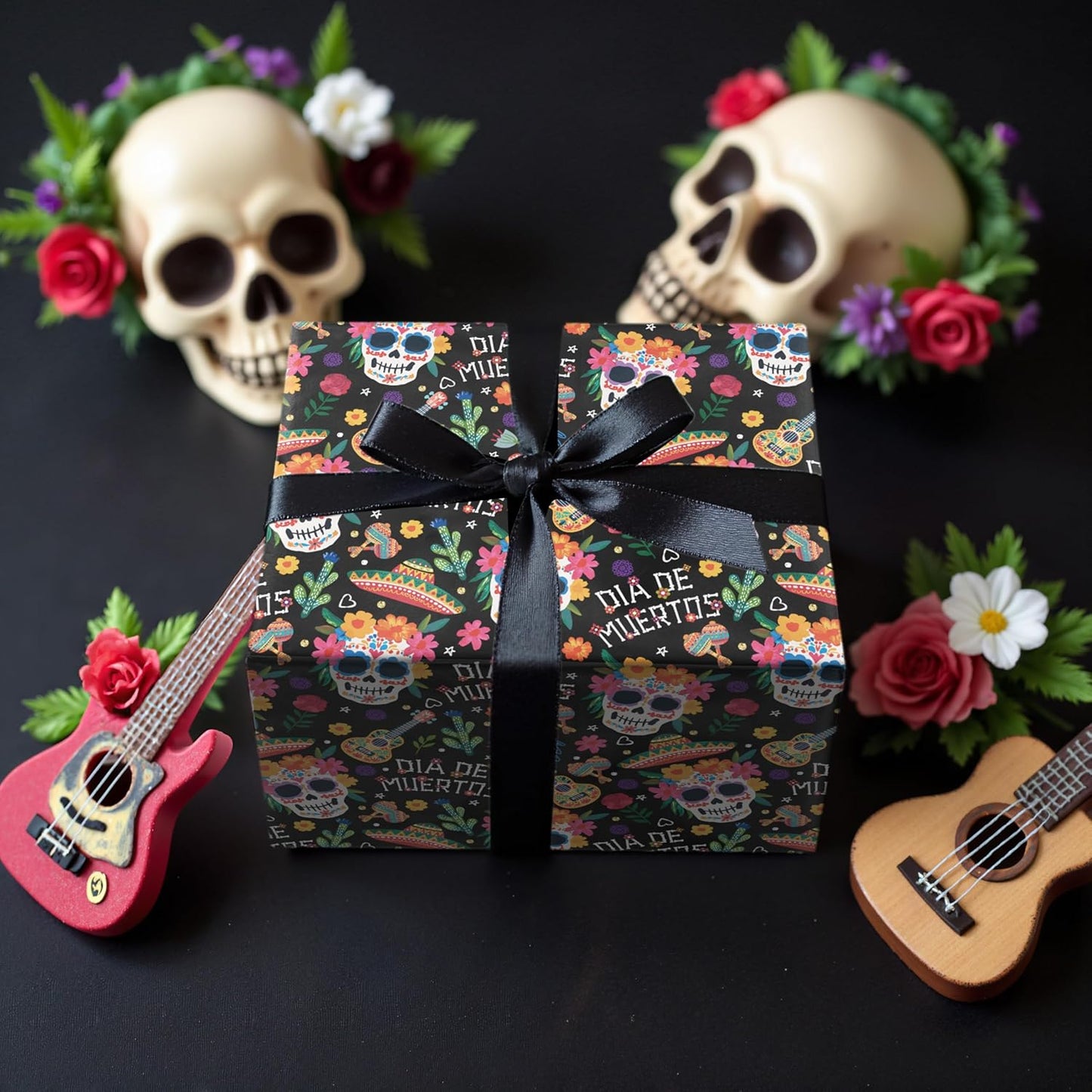 LeZakaa Day of the Dead Wrapping Paper Roll, Colorful Sugar Skulls Maracas Flowers Sombreros Design, Día de Muertos Gift Wrap in Black, Mini Roll 17 in x 16.4 Ft