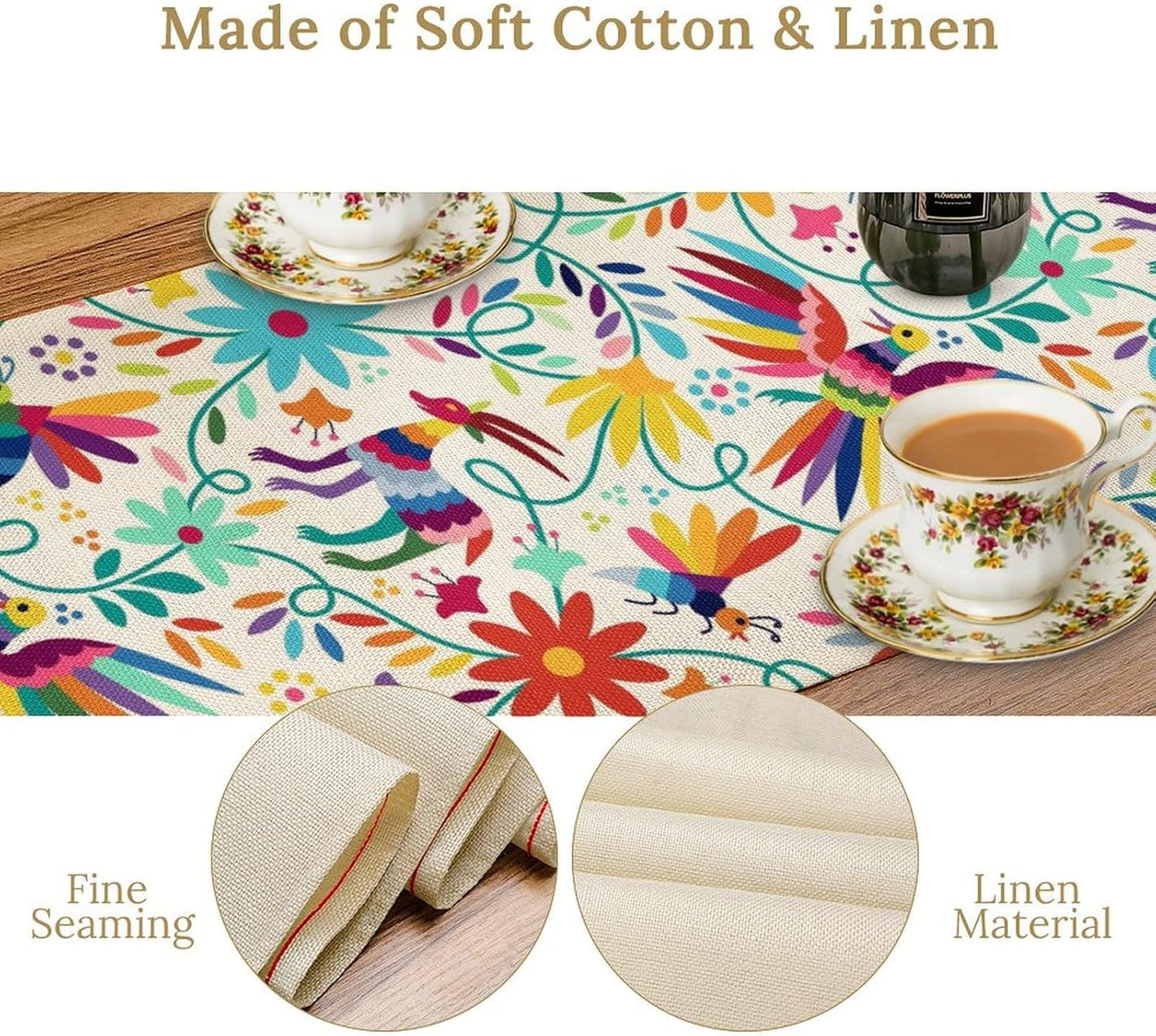 Mexican Table Runner,Boho Colorful Nature Inspired Flowers and Birds Table Cloth Kitchen Dining Table Home Party Decoration 13x120 Inch