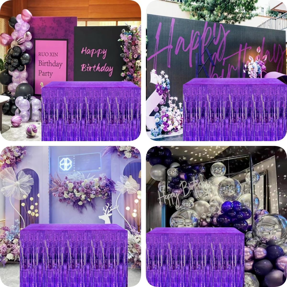 Purple Streamers Party Decorations, 2 Packs Purple Table Skirts Metallic Foil Fringe Tinsel for Birthday Graduation Mermaid Easter Wizard Float Parade Mardi Gras Halloween Party Supplies - 29x108 Inch