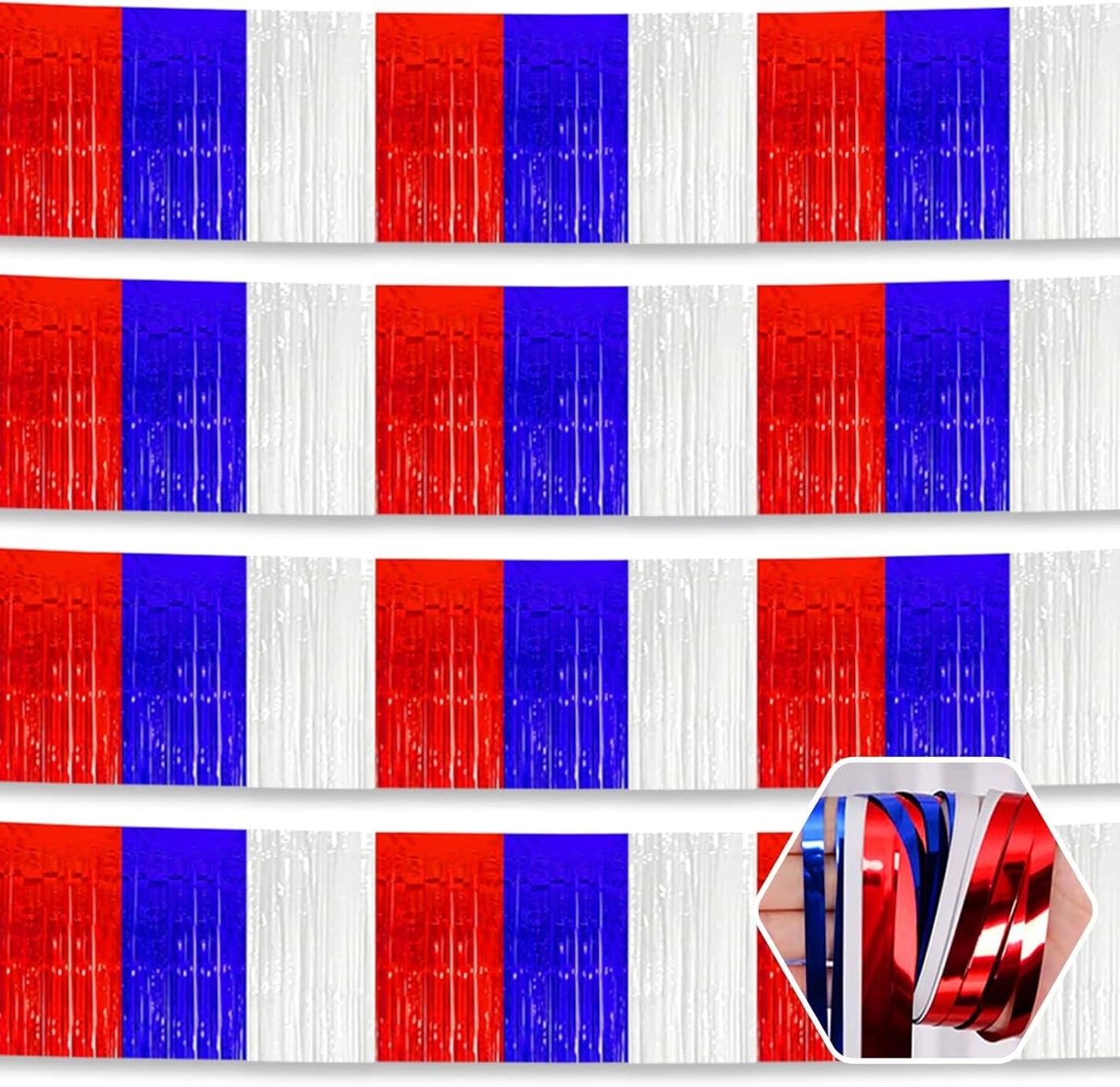 4 Pack 10 Feet White Blue Red Foil Fringe Garland Metallic Tinsel Streamers Banner Wall Hanging Curtain Backdrop for Parade Floats, Wedding, Graduate, Mother's Day, Birthday Party Decoration