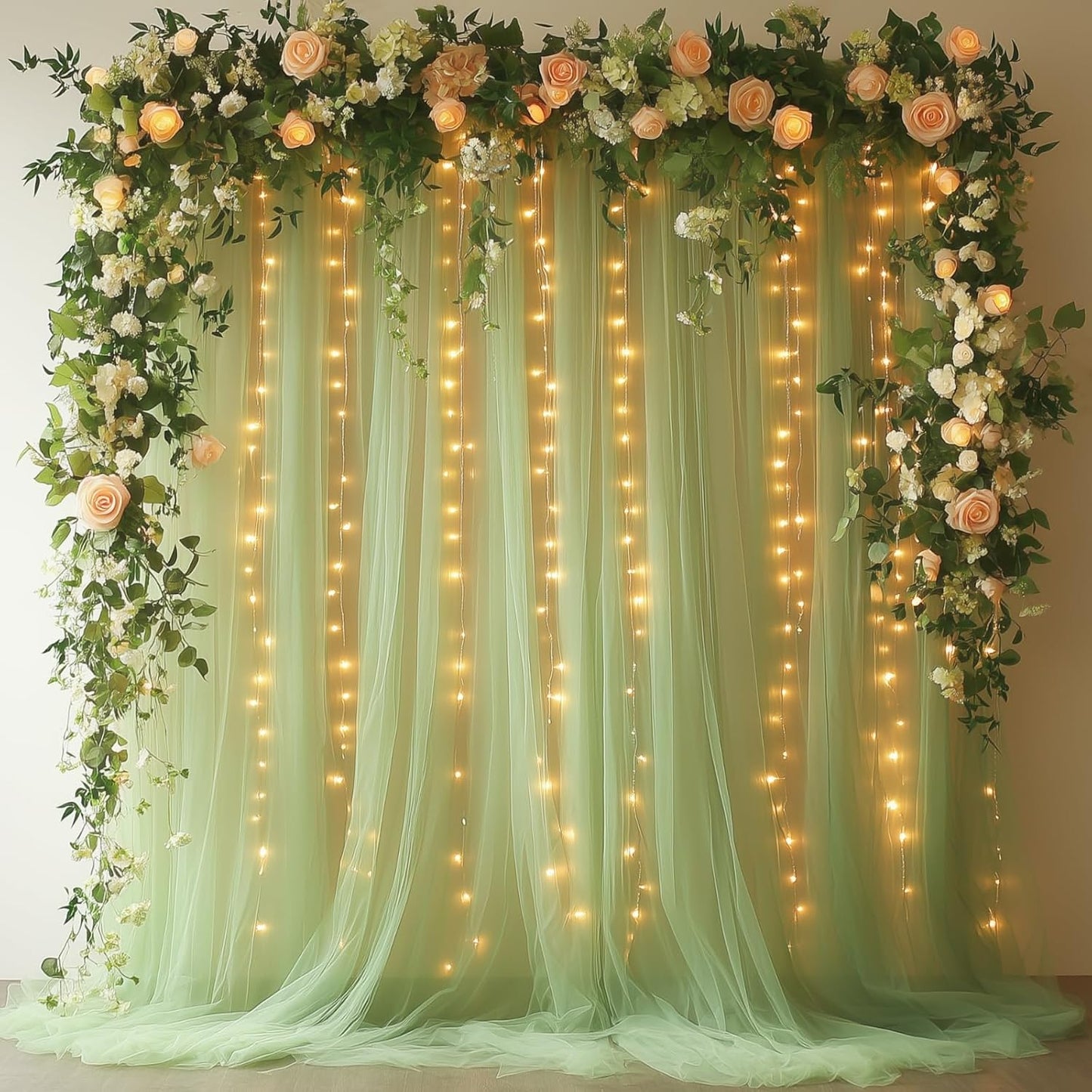 Sage Green Tulle Backdrop Curtain with Lights String - 10x10ft Sheer Backdrop with 300 LEDs for Wedding, Baby Shower, Bridal Shower, Birthday Party Photo Shoot Background and Home Decorations