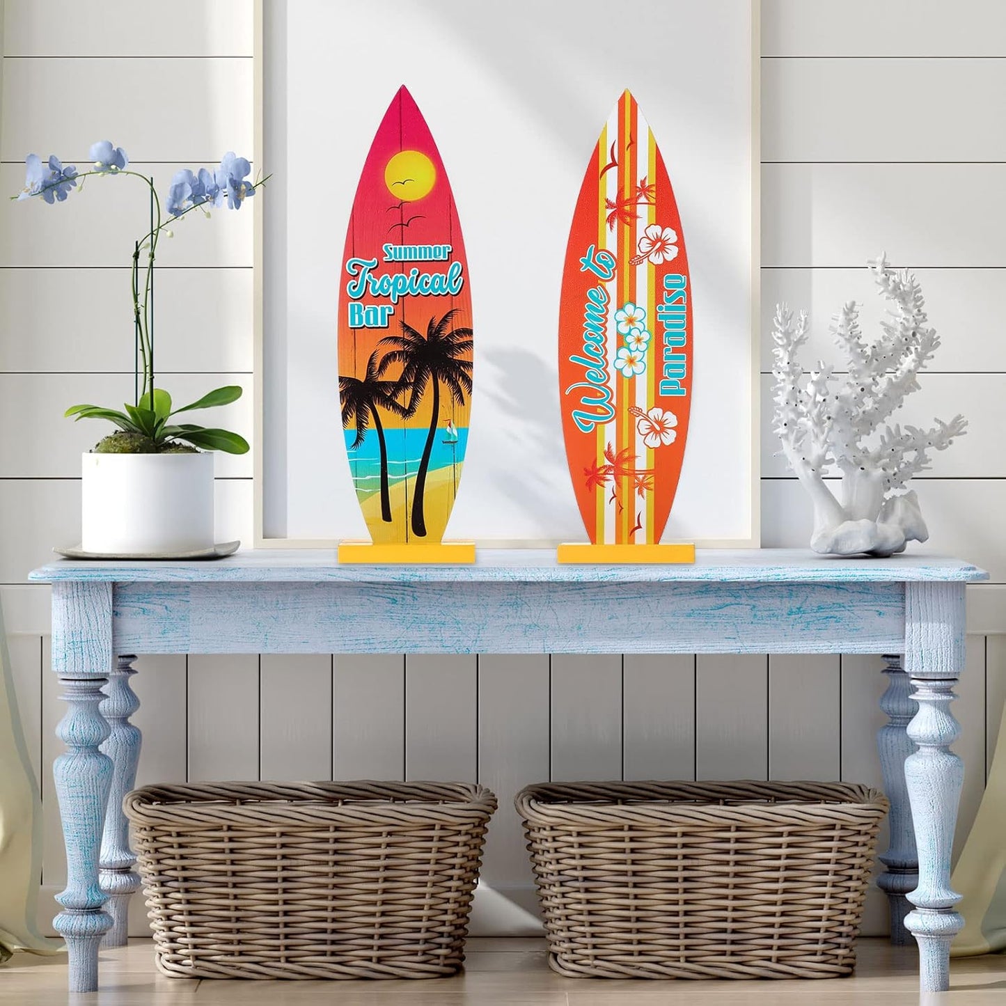 Blulu 4 Pcs Surfboard Table Decorations Surfboard Beach Signs Welcome to Paradise Sign Tropical Bar Table Centerpieces Endless Summer Wood Decor Flip Flop Letters for Home Decor(12.6 x 3.66 Inch)
