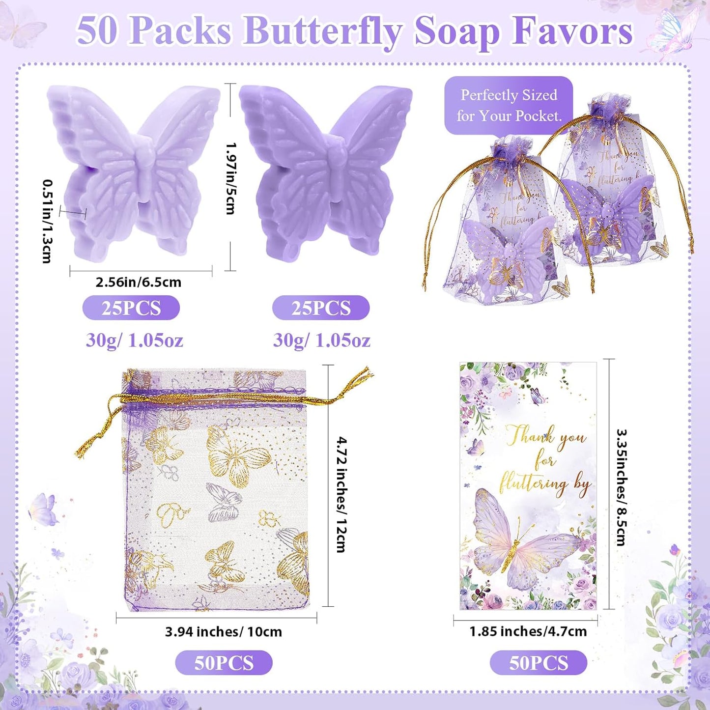 Dunzy 50 Set Butterfly Theme Baby Shower Favors for Guests Butterfly Soap Favors with Thanks You Cards Gift Bags Gender Reveal Baptism Party Decorations Wedding Bridal Souvenirs (Purple,Light Purple)