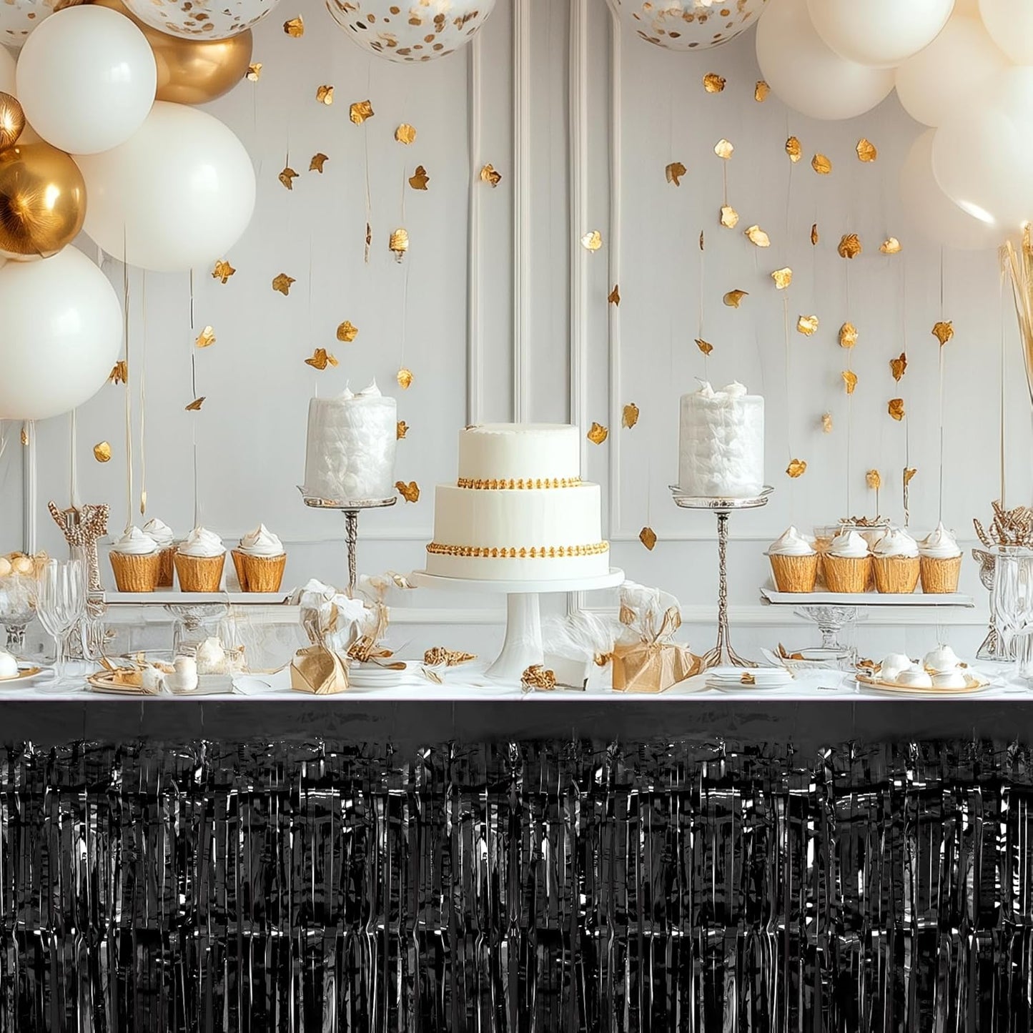 2 Pack Black Orange Table Skirts, 29x108" Metallic Foil Tinsel Fringe Table Skirt for Rectangle Tables Streamer Curtains Backdrop, Party Decorations for Birthdays, Weddings, Holidays