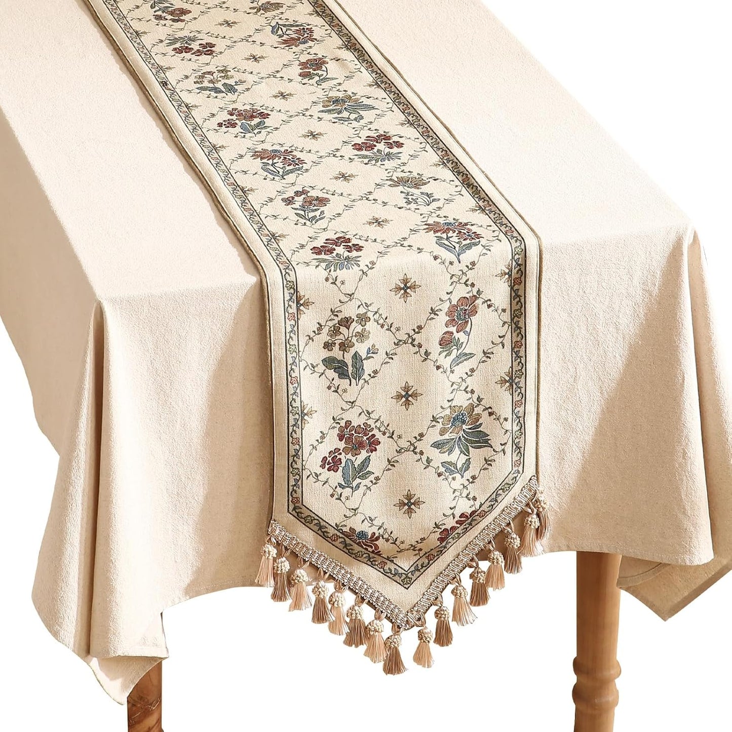 patdrea Designer Vintage Floral Linen Table Runner 71 Inch Long, Beige Cottage Rustic Bouquets Pattern Table Mat,Decor for Kitchen Dining Coffee Table Shelf Cabinet Banquet Christmas ,12"*71"