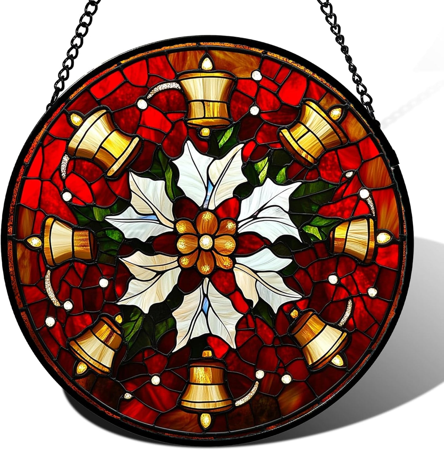 Stained Glass Window Hanging - Golden Bells Flowers Suncatcher for Doors Home Christmas Decoration Winter Sun Catcher Thanksgiving New Year Birthday Gift for Friend Women Men Mom Nana 15 in