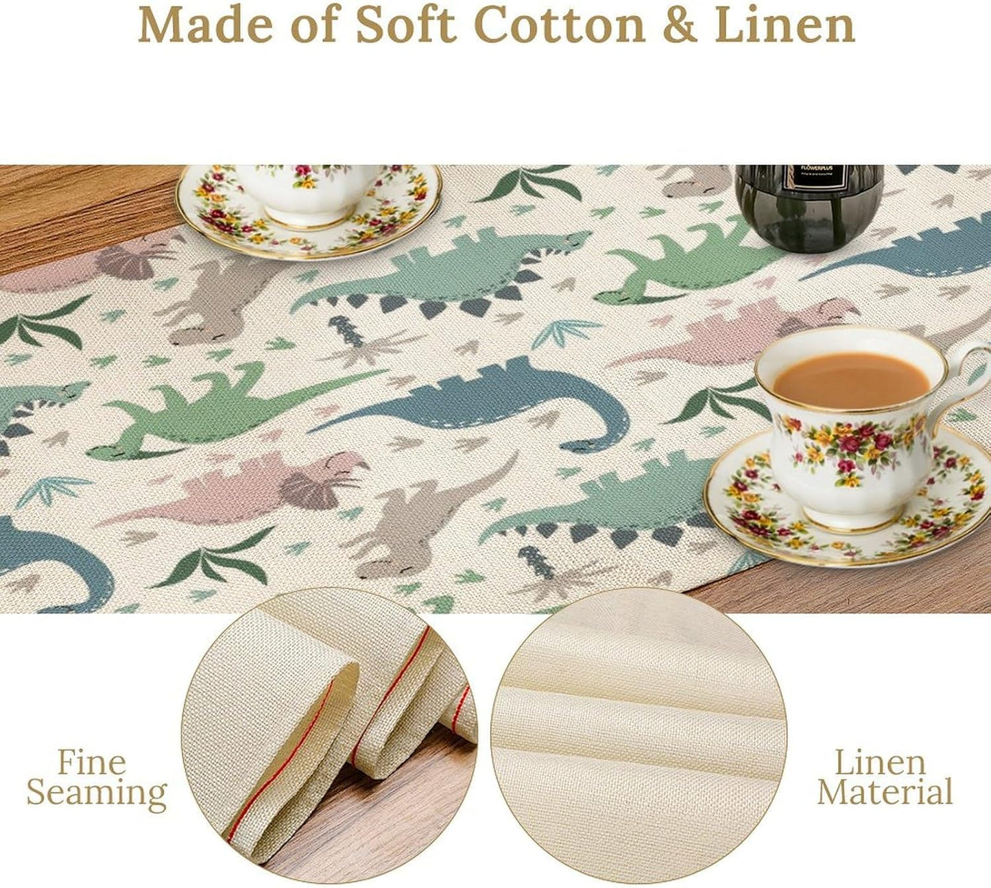 Cartoon Dinosaur Table Runner,Kids Boys Cute Colorful Animal Dino Abstract Print Tablecloth Burlap for Hotel Indoors Outdoor Dining Room Kitchen Holiday Party, 13x108in