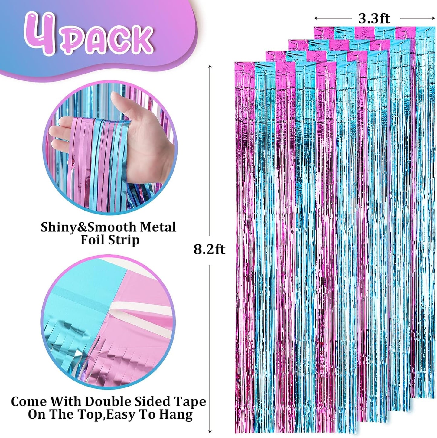4 Pack 3.3x8.2 Feet Blue and Pink Foil Fringe Backdrop Curtains, Tinsel Streamers Birthday Party Decorations, Fringe Backdrop for Graduation, Baby Shower, Gender Reveal, Disco Party