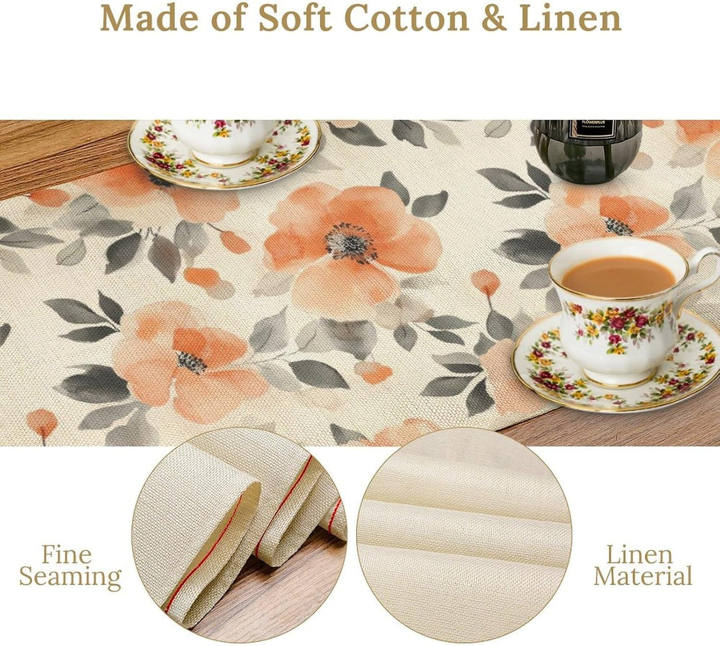 Floral Fall Table Runner, Rustic Watercolor Orange Flowers Seasonal Summer Autumn Table Runner for Kitchen Dinning Table Runner Decor Home Wedding Party Holiday, 13x90 Inch