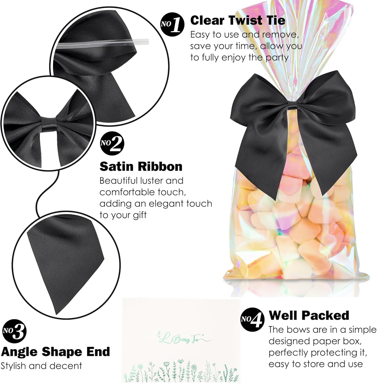 5'' Black Bow Party Decorations Satin Bows, Twist Tie Bows for Treat Bags, Cake Pops, Pre-Tied Bow Premade Ribbon Bows for Crafts, Holiday Bows for Gift Wrapping, Wedding Decor-24 Counts