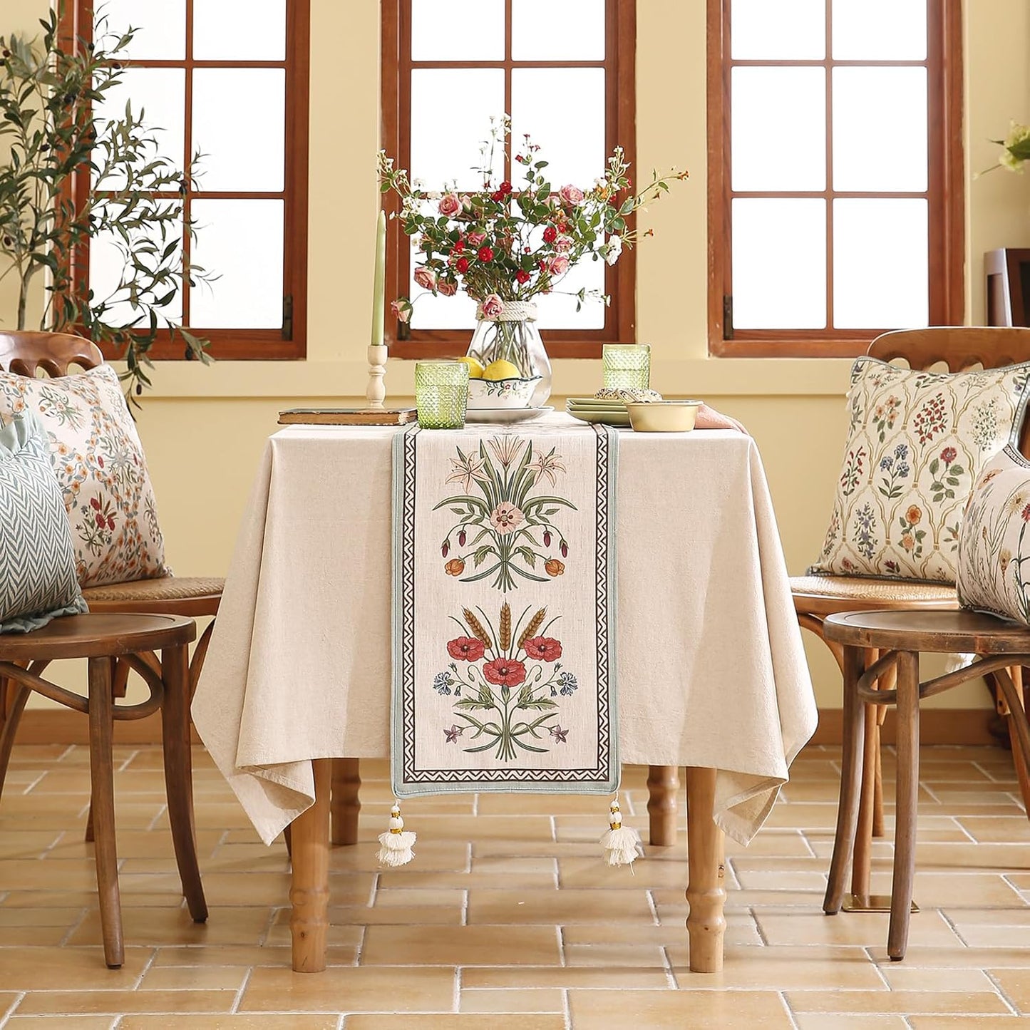 ISAENNE Designer French Country Linen Table Runner 71 Inches Long,Elegant Colorful Floral Pattern Table Runners for Dining Tables,Thanksgiving,Christmas,Kitchen Decor,12"*71"-Serenity F