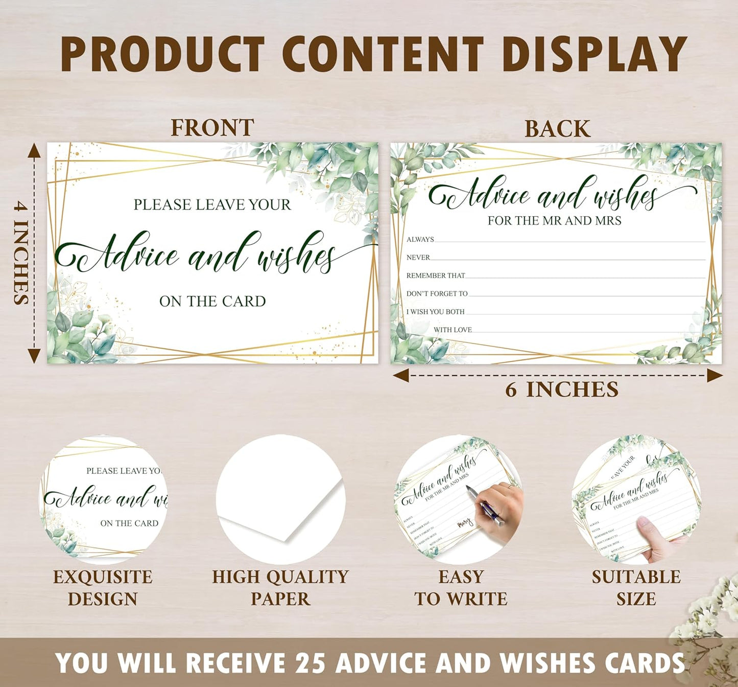 Advice And Wishes Cards For the Mr & Mrs, Gold Foil Greenery Wedding Advice Card For Bride Groom Newlyweds, 25 Wishes Cards for Wedding Bridal Shower Engagement Party, 01