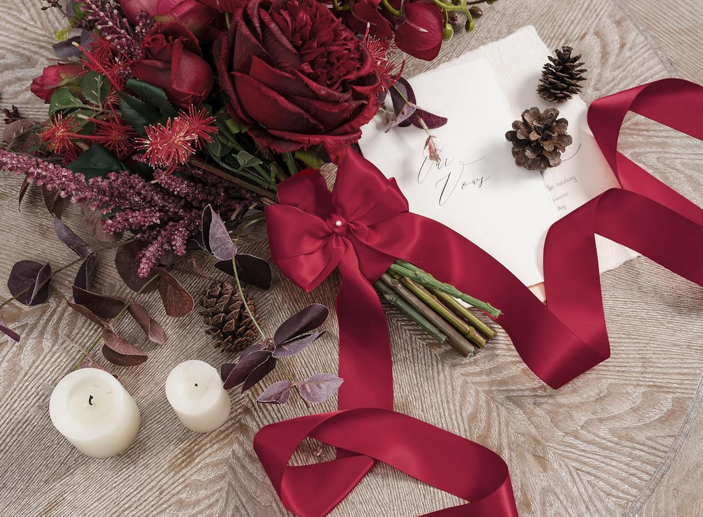 Burgundy Satin Ribbon 1-1/2 Inch x 50 Yards Double-Faced Ribbons for Christmas Gift Wrapping Flower Bouquet Wedding Paper Bows Invitations Crafts