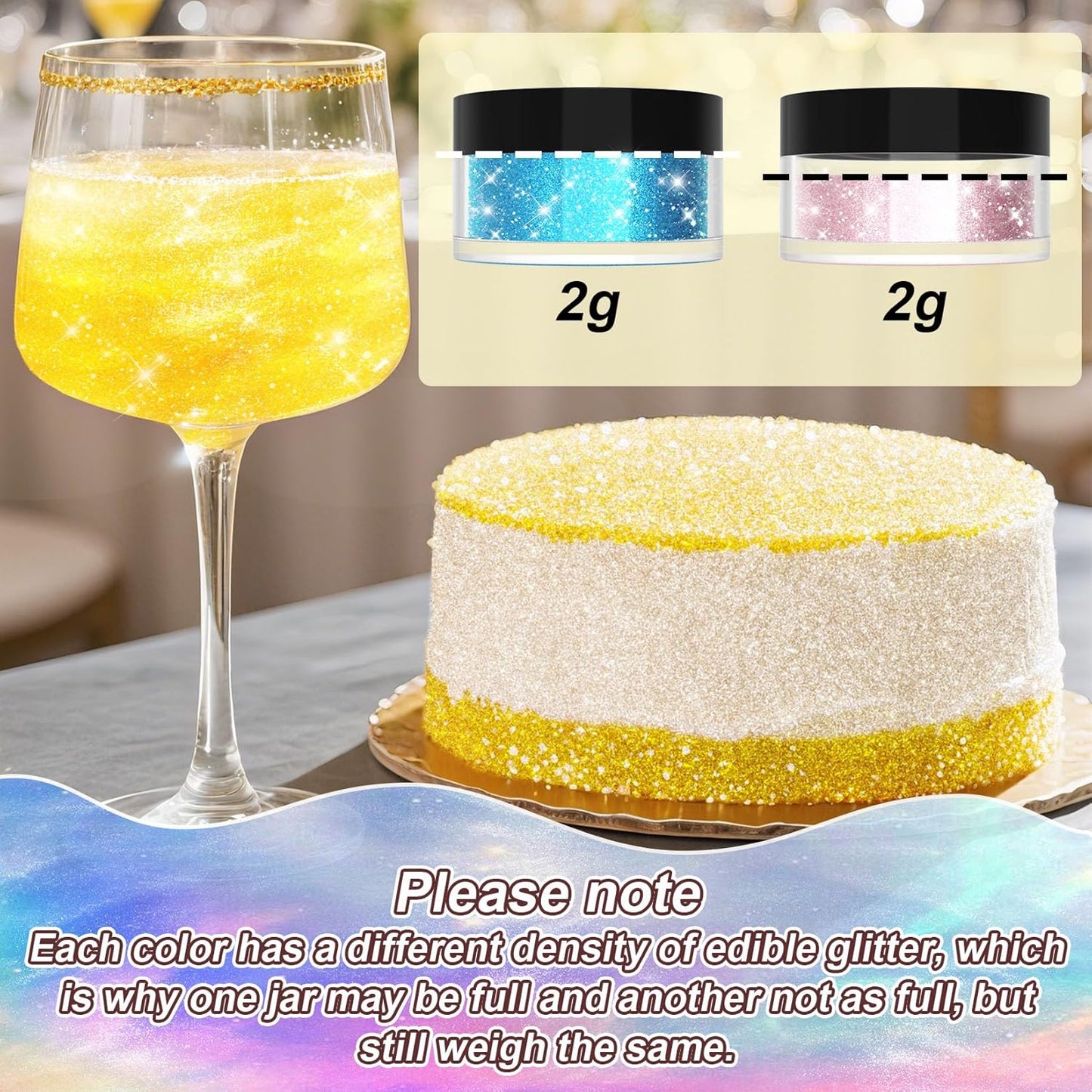 Edible Glitter for Drinks - 20 Glimmer Colors Luster Dust Edible, Food Grade Shimmering Cake Decorating Edible Glitter for Cocktail, Cakes, Chocolate, Strawberries, Beverage, Vegan - 2g/bottle