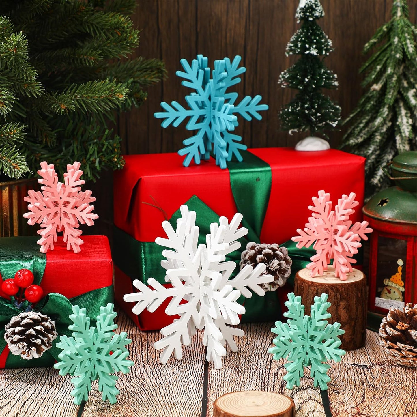 Bucherry 12 Pcs Wooden Snowflake Table Decor 3D Snowflake Tabletop Signs and Centerpiece for Christmas Xmas Winter Wonderland Decorations Home Party(Pink, Green, Blue, White)