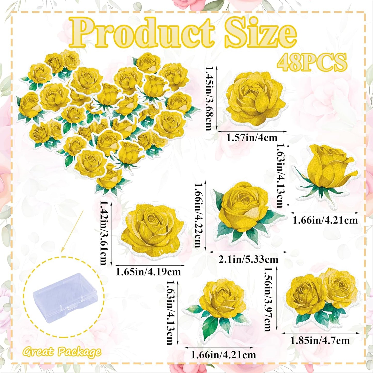 48PCS Edible Rose Flower Cupcake Toppers Wafer Paper Roses Decorations Flower Birthday Party Decorations Rose Cake Toppers for Wedding Engagement Birthday Party Cake Decor Supplies (Yellow)